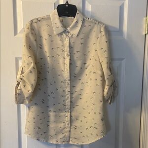 The Limited Cream Button-Up Blouse with Black Bird Print